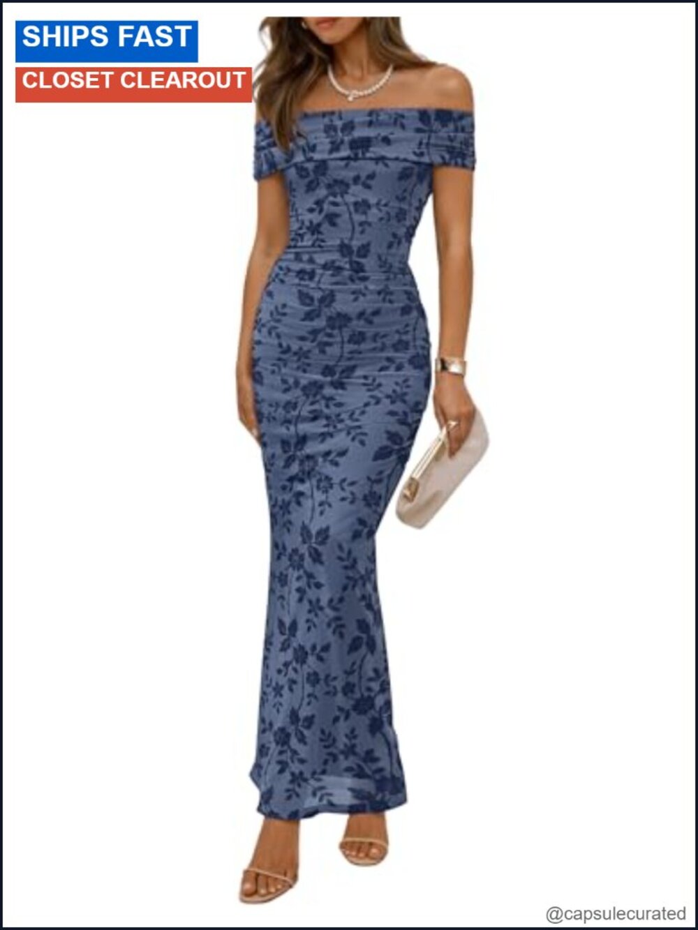 Womens Bodycon Ruched Maxi Dress Off Shoulder Floral Formal Mesh